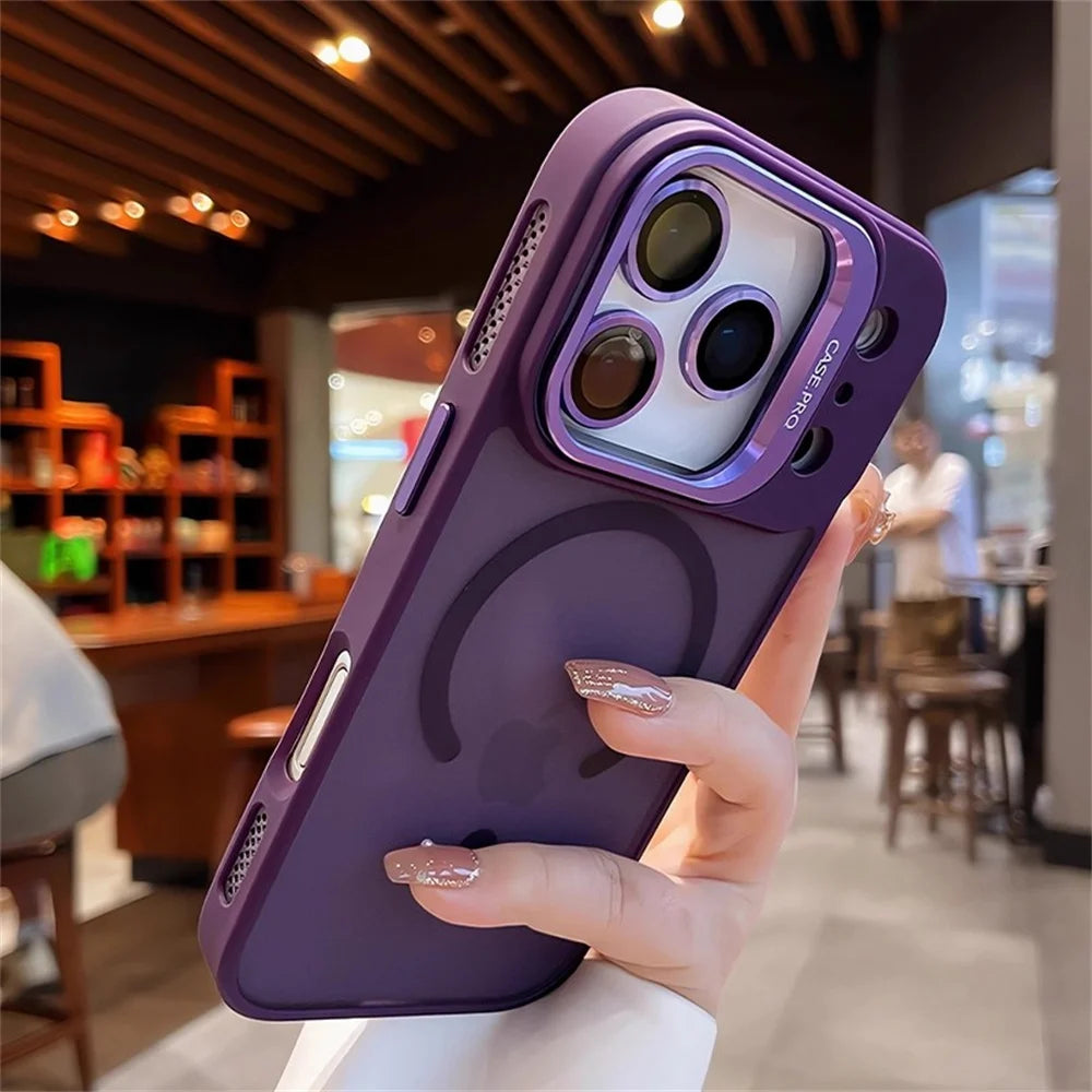 Lens Films Camera Stand Magnetic Phone Case For iPhone 17 16 15 14 13 12 11 Pro Max Air Heat Dissipation Frame Translucent Cover