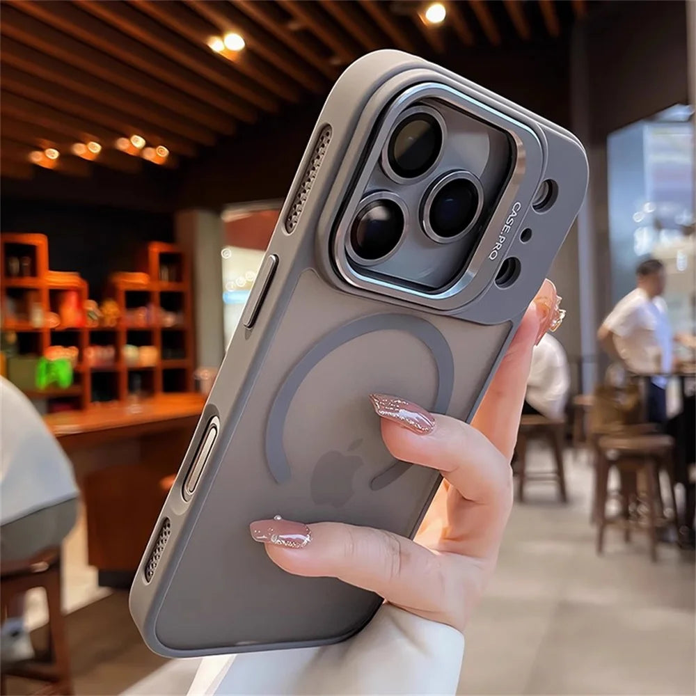 Lens Films Camera Stand Magnetic Phone Case For iPhone 17 16 15 14 13 12 11 Pro Max Air Heat Dissipation Frame Translucent Cover