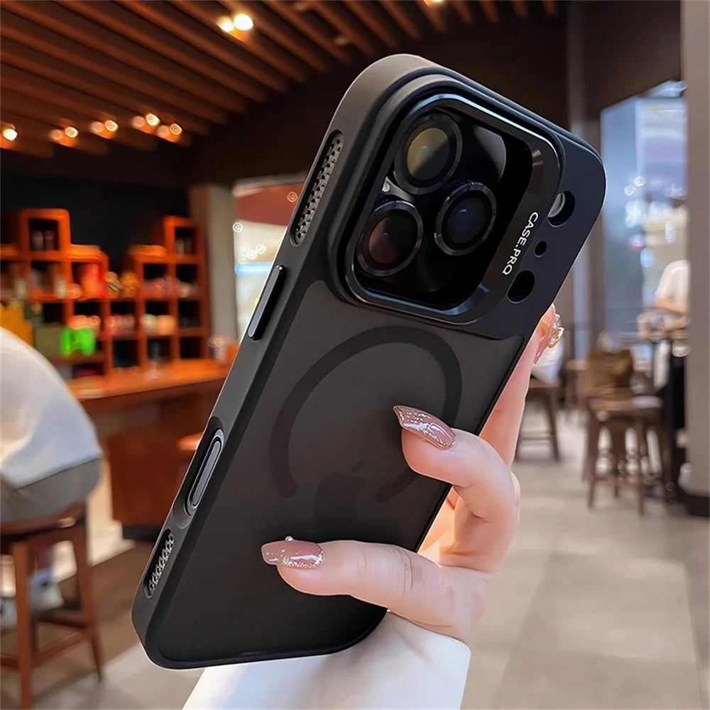 Lens Films Camera Stand Magnetic Phone Case For iPhone 17 16 15 14 13 12 11 Pro Max Air Heat Dissipation Frame Translucent Cover