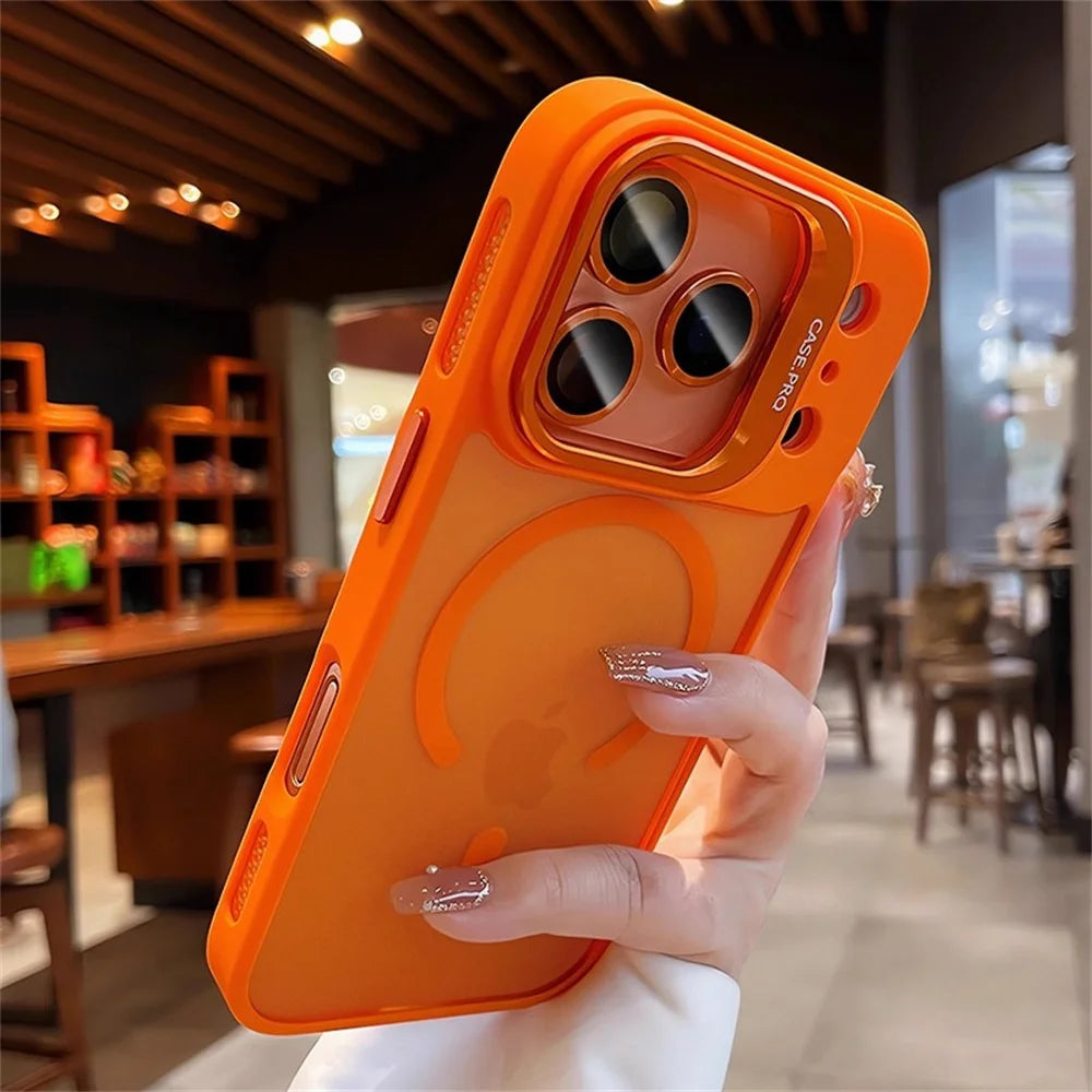 Lens Films Camera Stand Magnetic Phone Case For iPhone 17 16 15 14 13 12 11 Pro Max Air Heat Dissipation Frame Translucent Cover