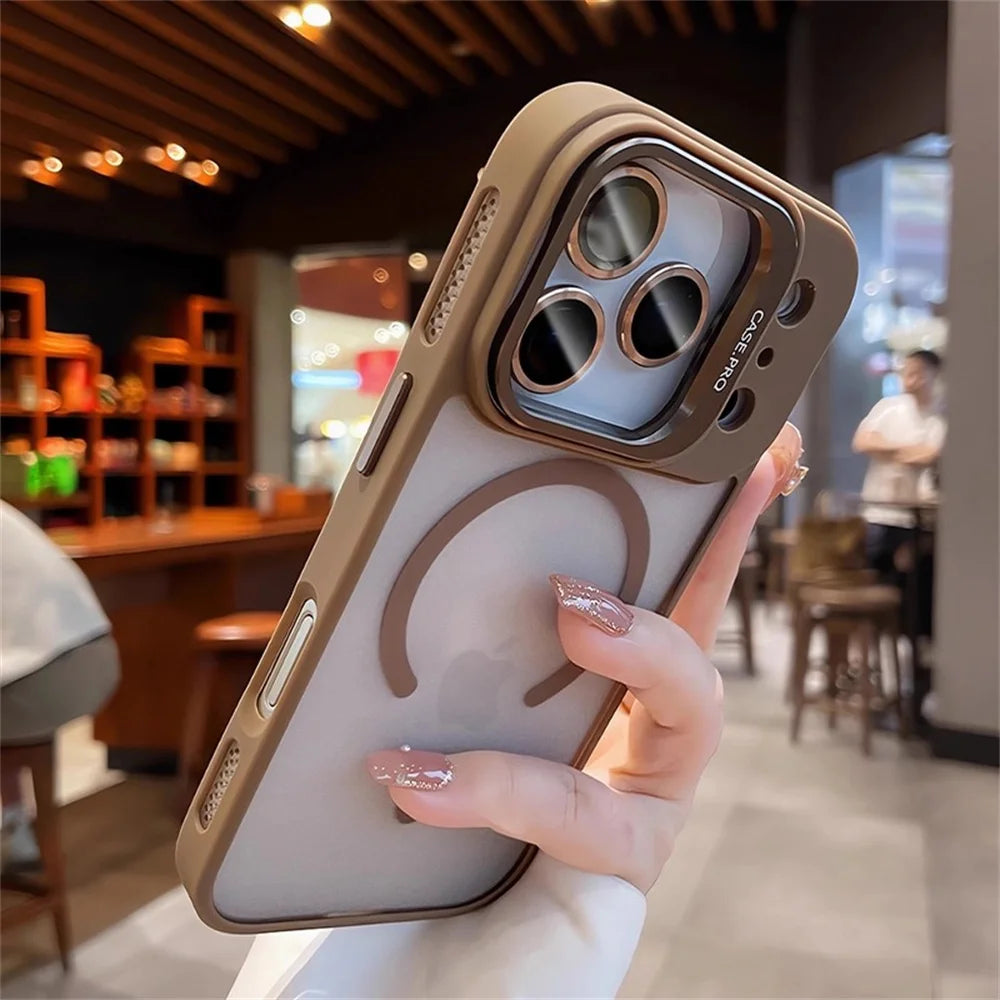 Lens Films Camera Stand Magnetic Phone Case For iPhone 17 16 15 14 13 12 11 Pro Max Air Heat Dissipation Frame Translucent Cover