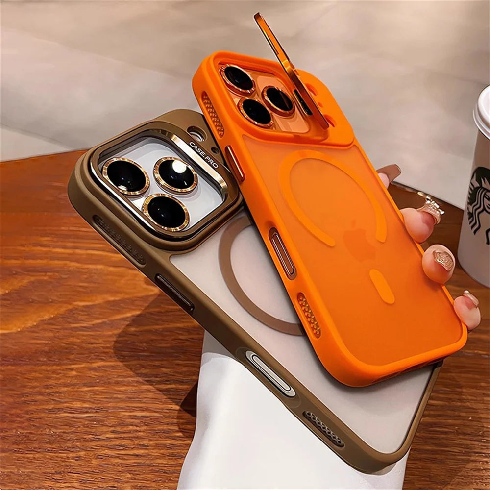Lens Films Camera Stand Magnetic Phone Case For iPhone 17 16 15 14 13 12 11 Pro Max Air Heat Dissipation Frame Translucent Cover