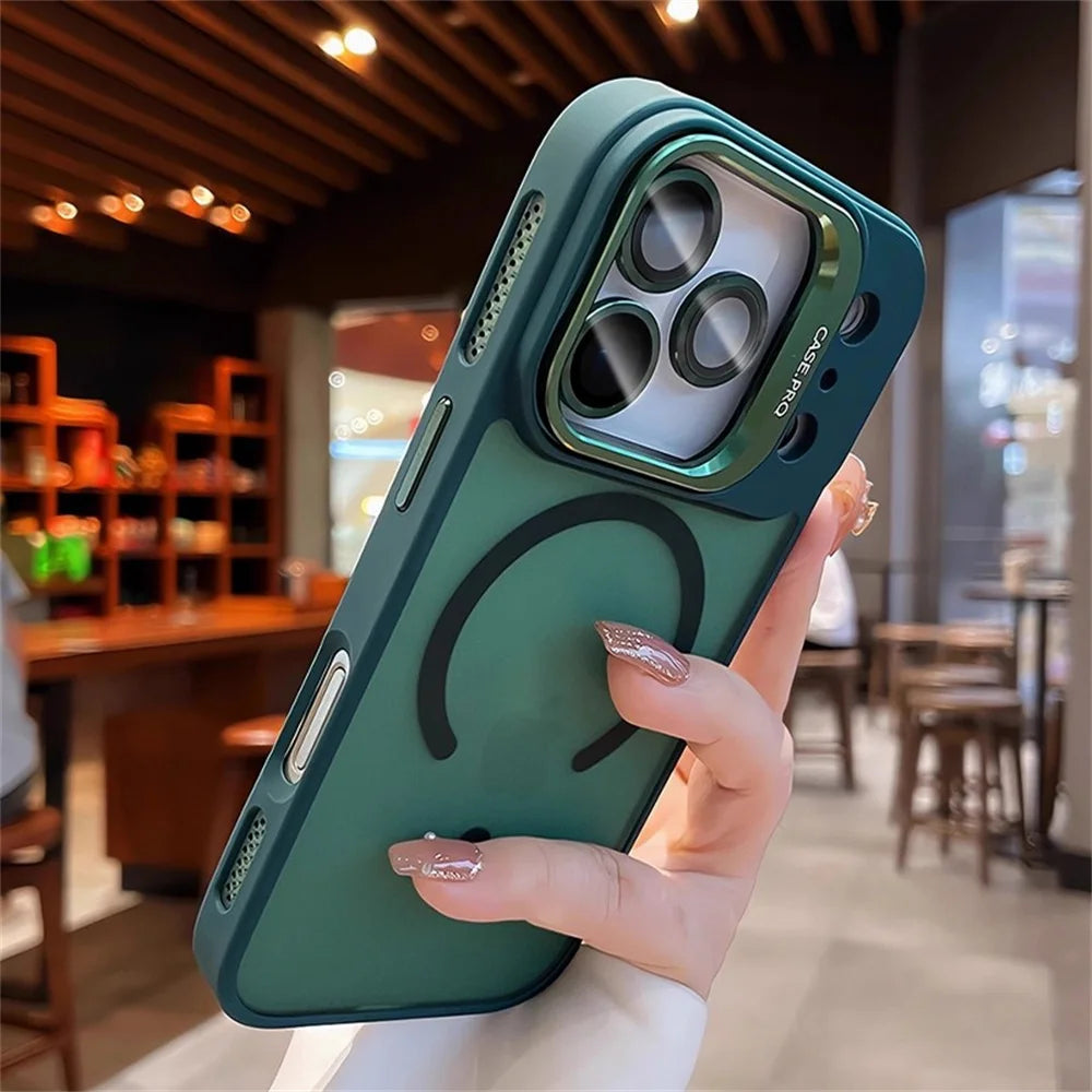 Lens Films Camera Stand Magnetic Phone Case For iPhone 17 16 15 14 13 12 11 Pro Max Air Heat Dissipation Frame Translucent Cover