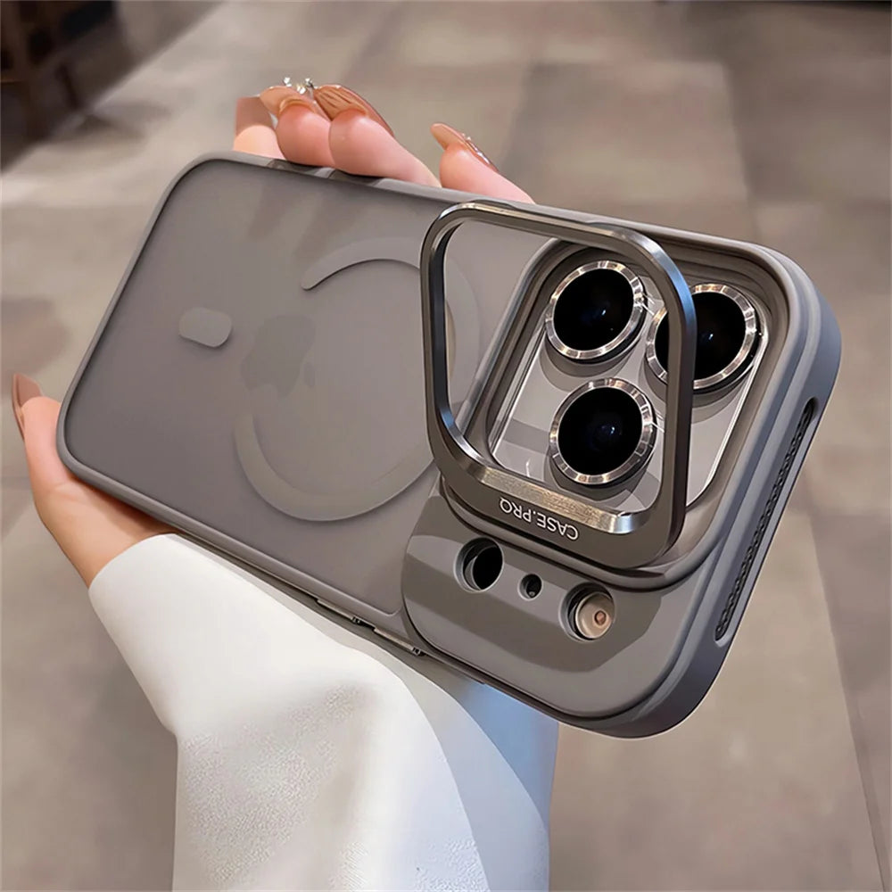 Lens Films Camera Stand Magnetic Phone Case For iPhone 17 16 15 14 13 12 11 Pro Max Air Heat Dissipation Frame Translucent Cover