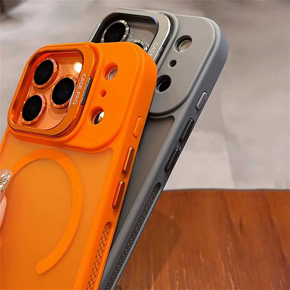 Lens Films Camera Stand Magnetic Phone Case For iPhone 17 16 15 14 13 12 11 Pro Max Air Heat Dissipation Frame Translucent Cover