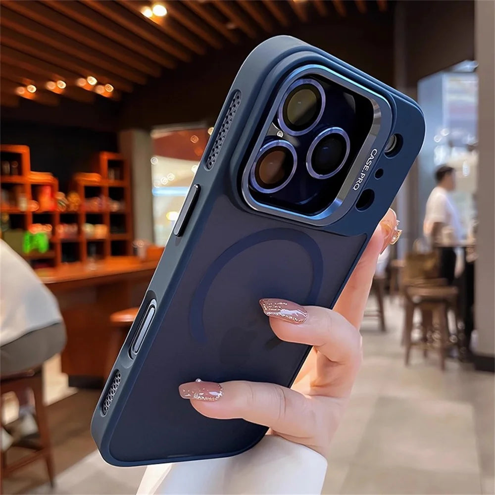 Lens Films Camera Stand Magnetic Phone Case For iPhone 17 16 15 14 13 12 11 Pro Max Air Heat Dissipation Frame Translucent Cover
