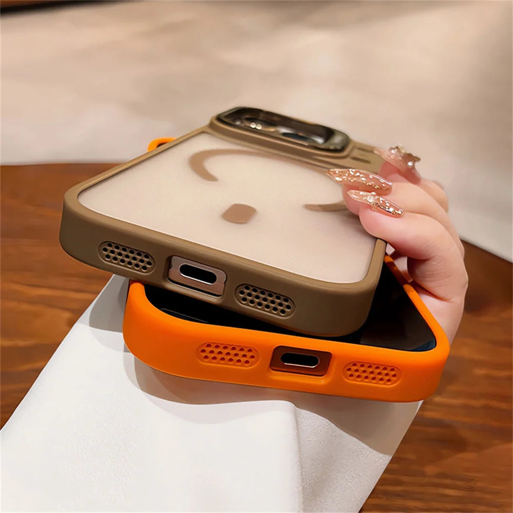 Lens Films Camera Stand Magnetic Phone Case For iPhone 17 16 15 14 13 12 11 Pro Max Air Heat Dissipation Frame Translucent Cover