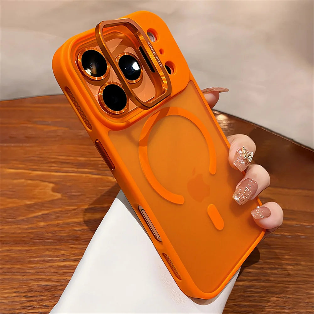 Lens Films Camera Stand Magnetic Phone Case For iPhone 17 16 15 14 13 12 11 Pro Max Air Heat Dissipation Frame Translucent Cover